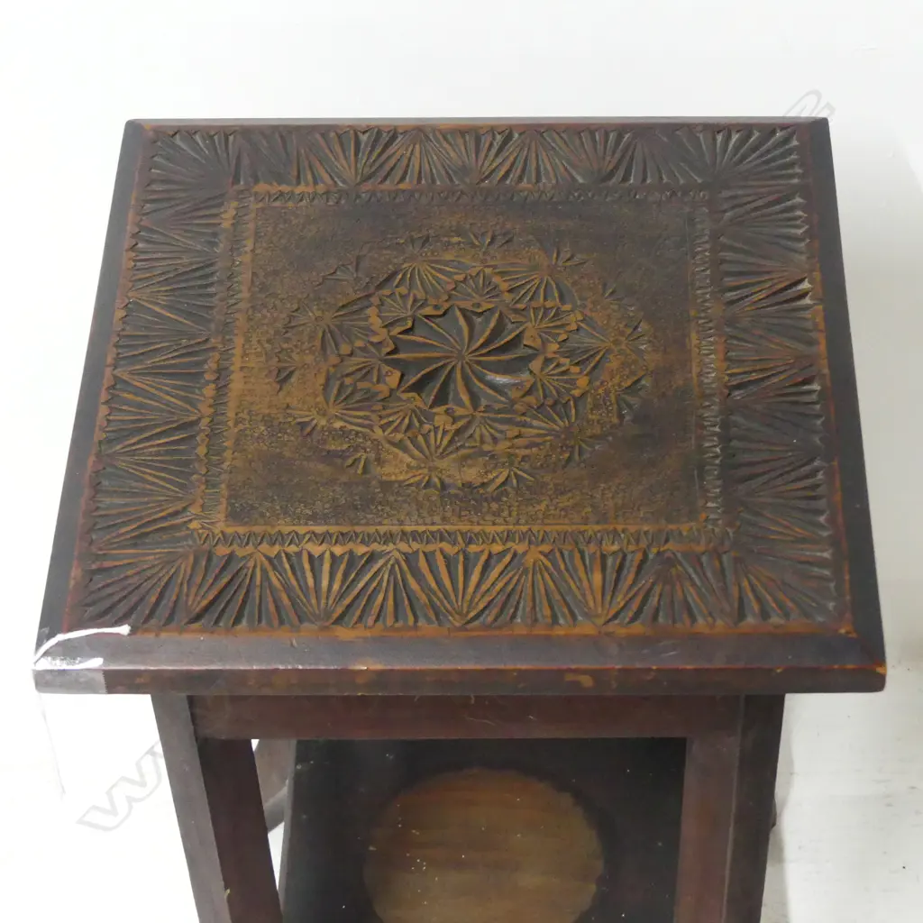 WOODEN SIDE TABLE, CHIP CARVED TOP 300x300x515mm Image 1++