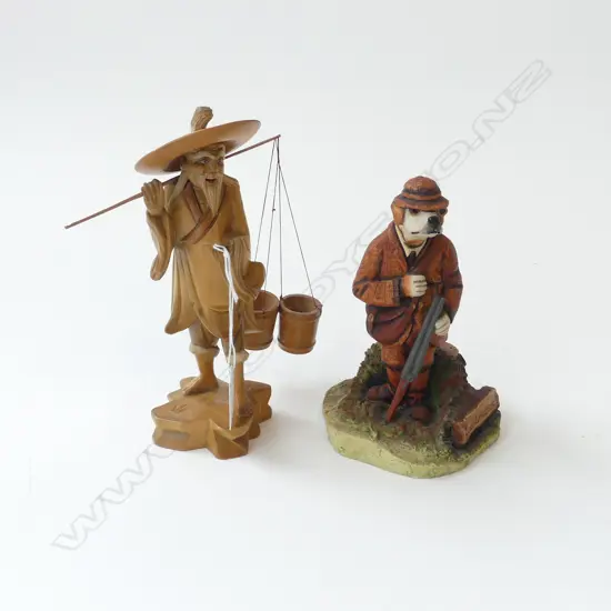 2 FIGURINES; RESIN SHOOTING DOG 'LORD LAWRENCE' H.170mm, CHINESE MAN w. BUCKETS