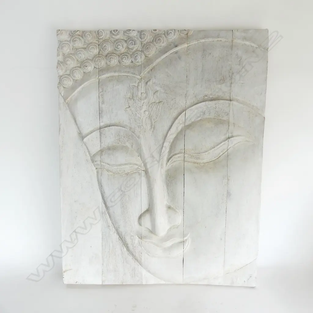 WHITE PAINTED CARVED WOODEN BUDDHA FACE ARTWORK 760x600mm Image 1++