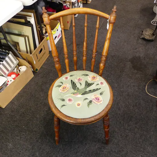 SPINDLE BACK CHAIR w. EMBROIDERED SEAT