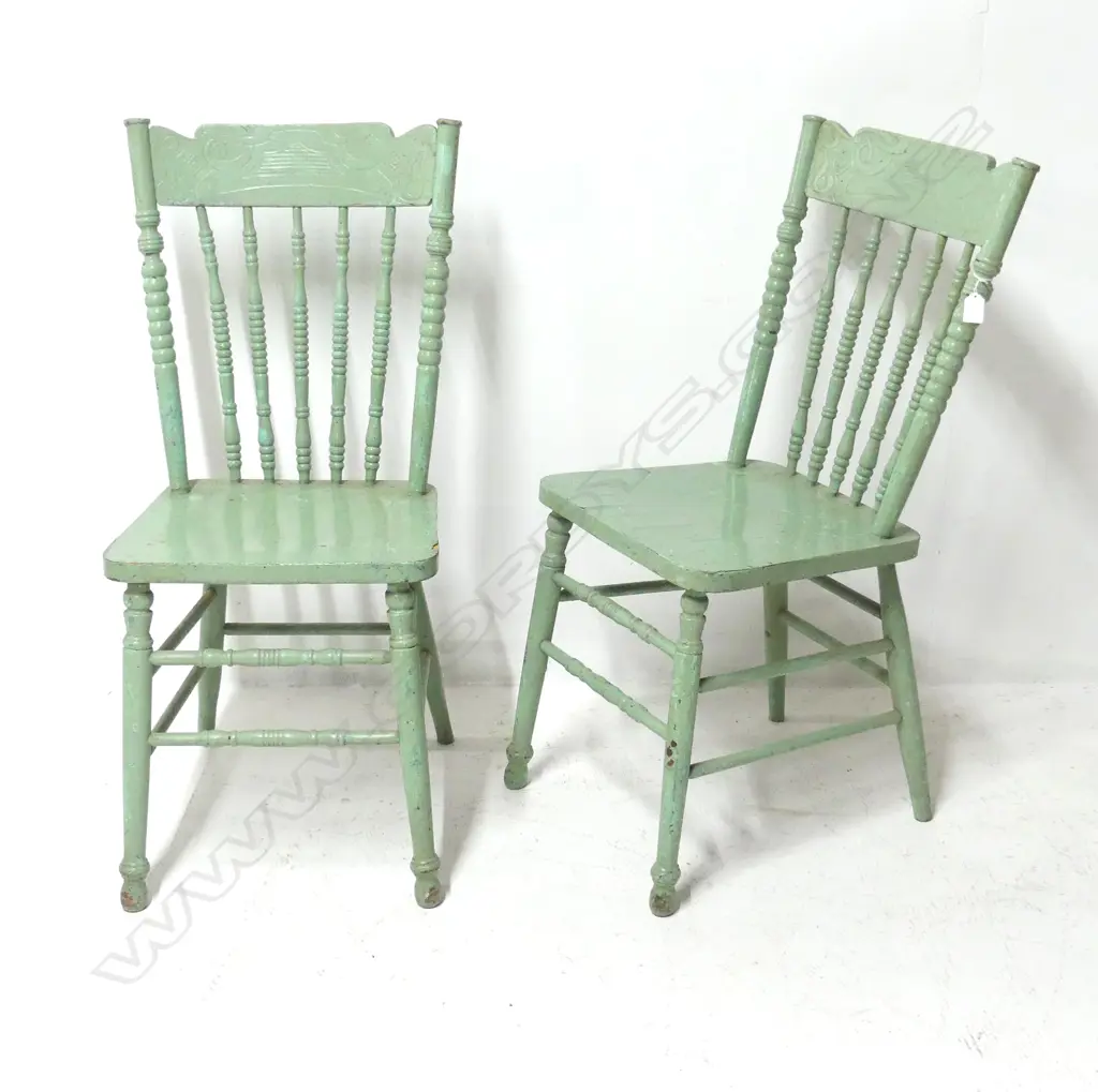 2 GREEN PAINTED SPINDLE BACK CHAIRS (OLD BORER) Image 1++