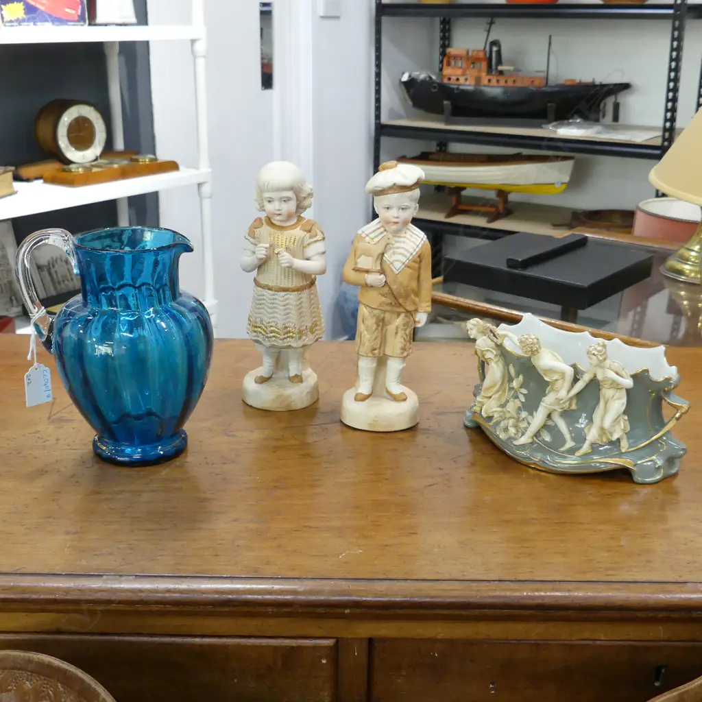 PR BISQUE CHILDREN H.240mm, VASE w. 3 FIGURES, BLUE GLASS JUG Image 1++