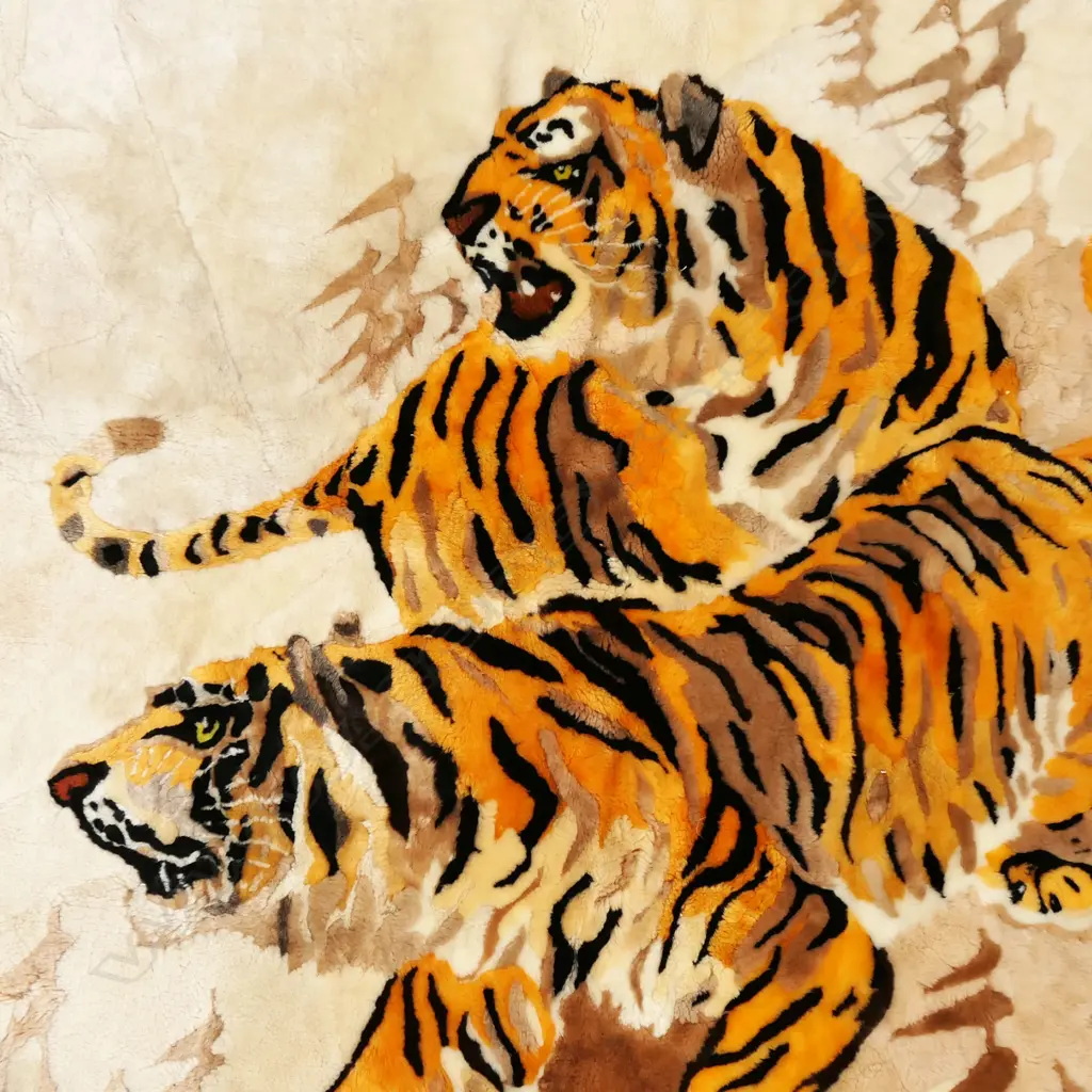 A large vintage Chinese woolen patchwork textile with tigers, Image 1++