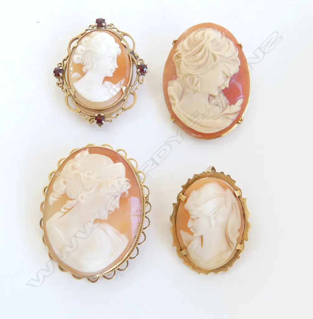 4 CAMEO BROOCH/PENDANTS. 1 x 18ct 2 x 9ct, 1 x 9ct w GARNETS & 1 silver gilt Image 1++