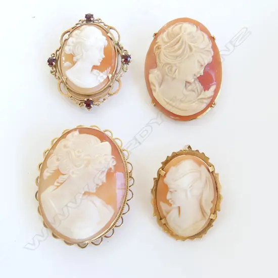 4 CAMEO BROOCH/PENDANTS. 1 x 18ct 2 x 9ct, 1 x 9ct w GARNETS & 1 silver gilt
