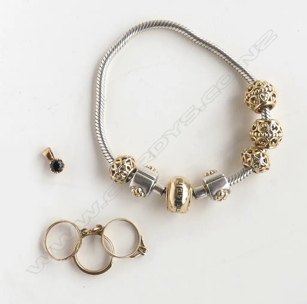 MICHAEL HILL SILVER /10CT GOLD BRACELET w 2 x14ct & 2X 10ct GOLD CHARMS  & 2 SML GOLD PENDANTS 8 GRAMS TOTAL 18CM LONG Image 1++