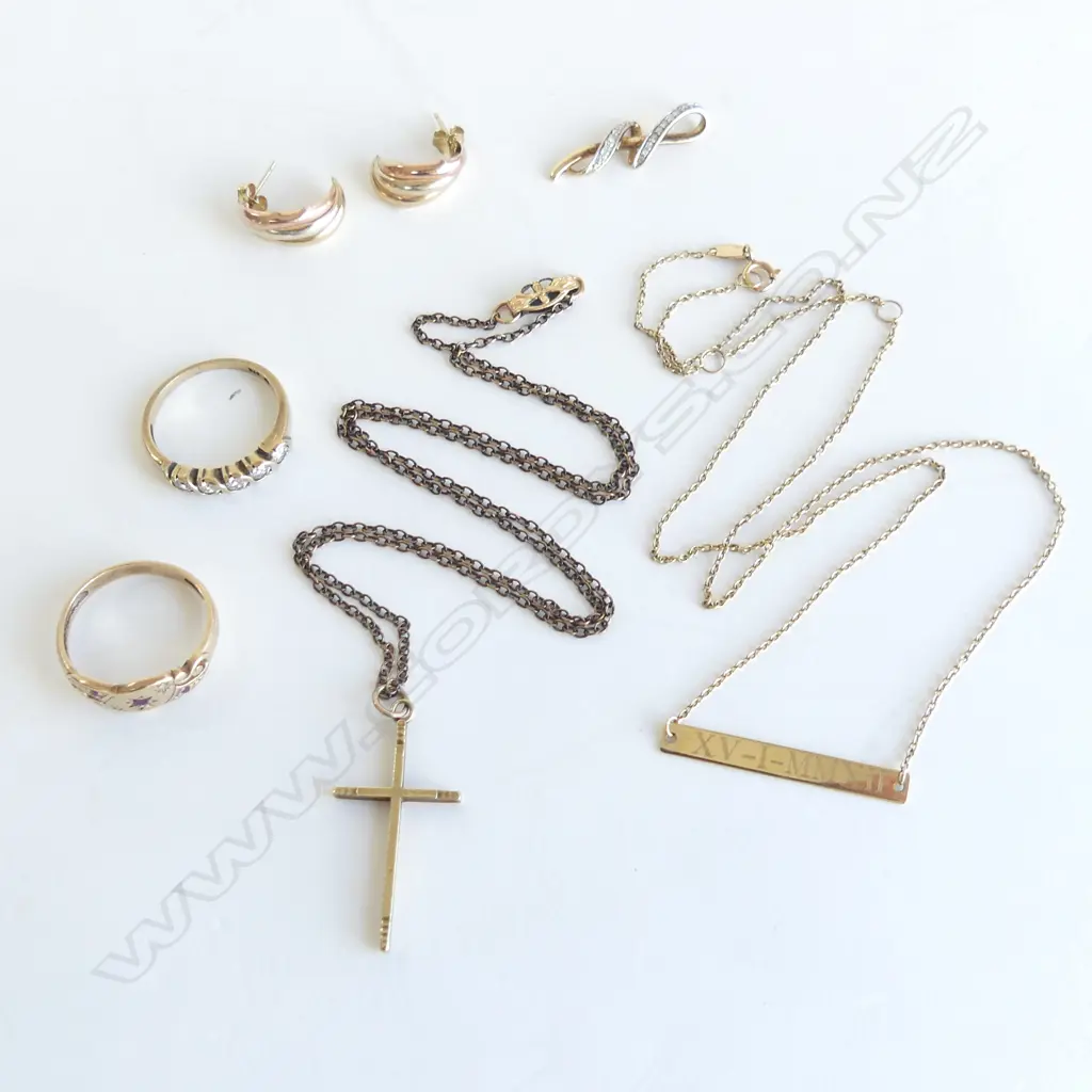 5x 9ct GOLD ITEMS; RING w RUBY/DIAMONDS, RING w CZ STONES, PENDANT w DIAMONDS, 9ct CHAIN W PLAQUE & CROSS on R/G CH8.4gm Image 1++