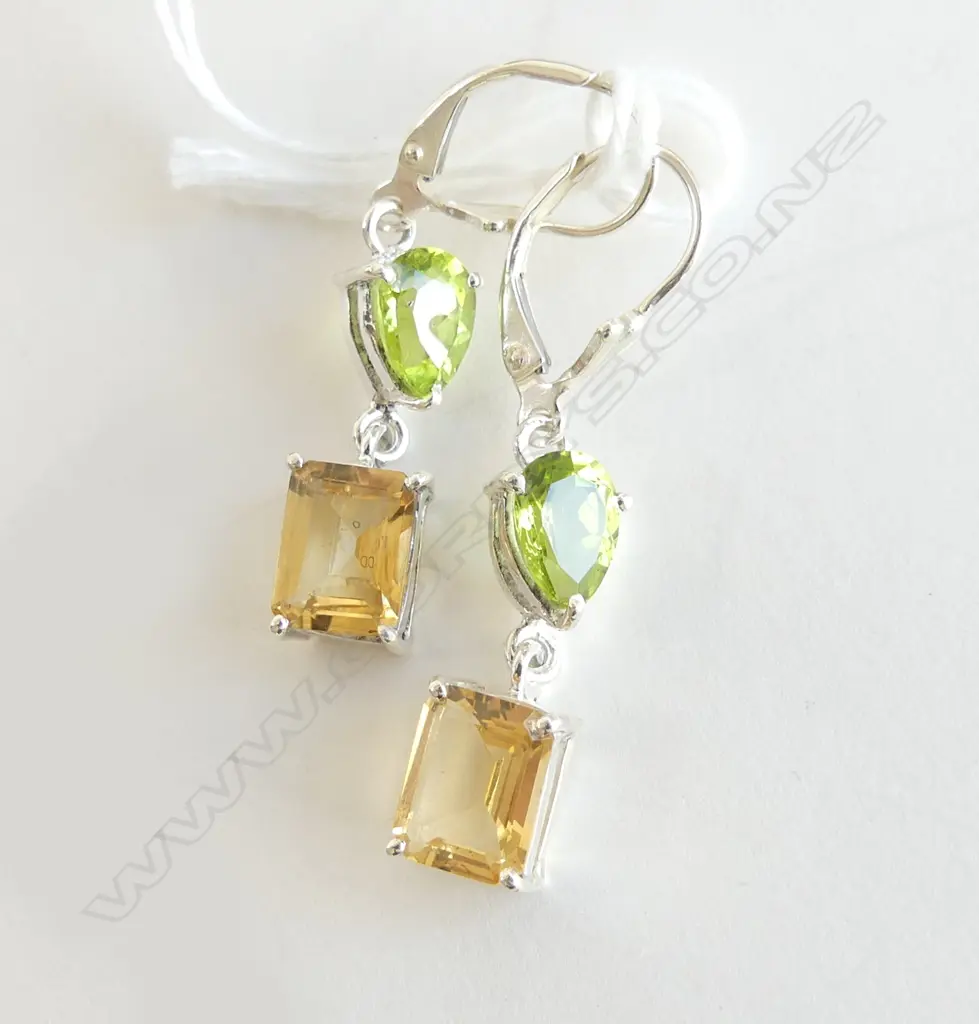 SILVER CITRINE & PERIDOT DROP EARRINGS (LEVER BACKS) Image 1++