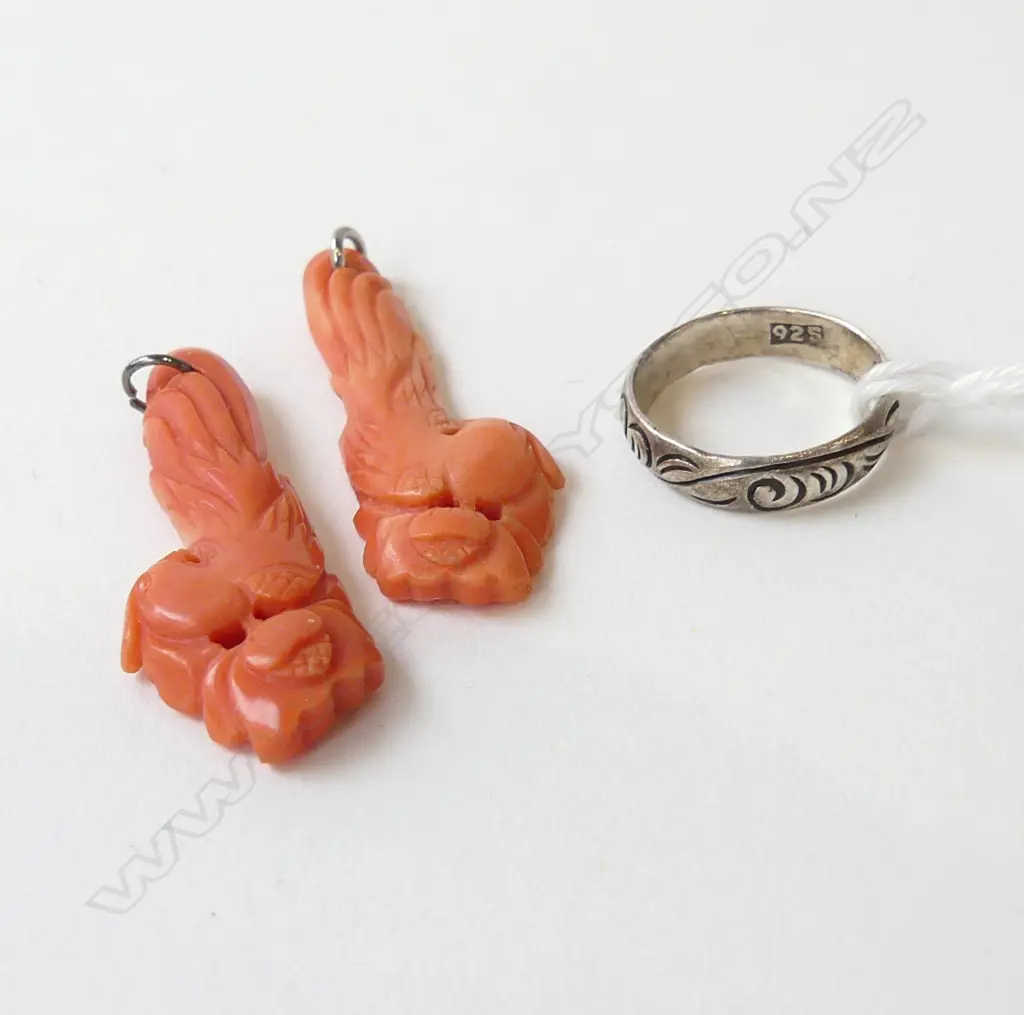 SMALL 925 SILVER RING + 2 CORAL PENDANTS L.35mm Image 1++
