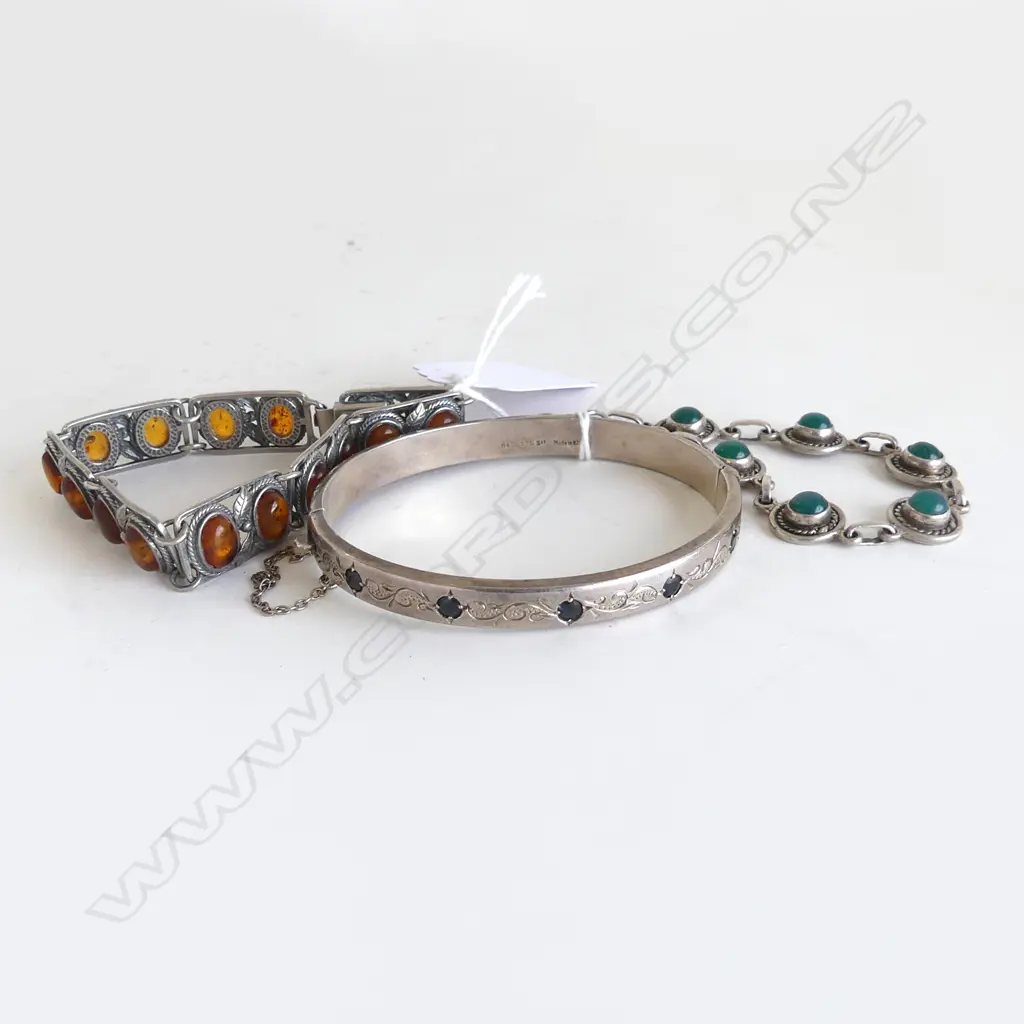 2 SILVER BRACELETS 1 w amber & 1 BANGLE set with sapphires  Image 1++