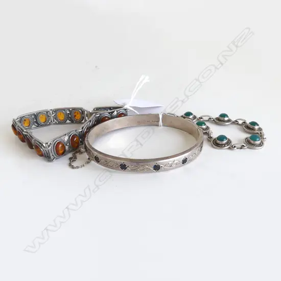 2 SILVER BRACELETS 1 w amber & 1 BANGLE set with sapphires 