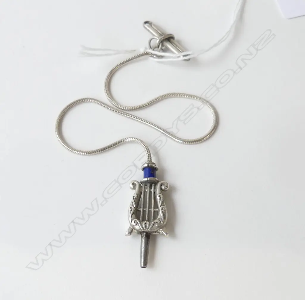 SILVER MUSIC LYRE WATCH KEY on chain with T-Bar link Image 1++