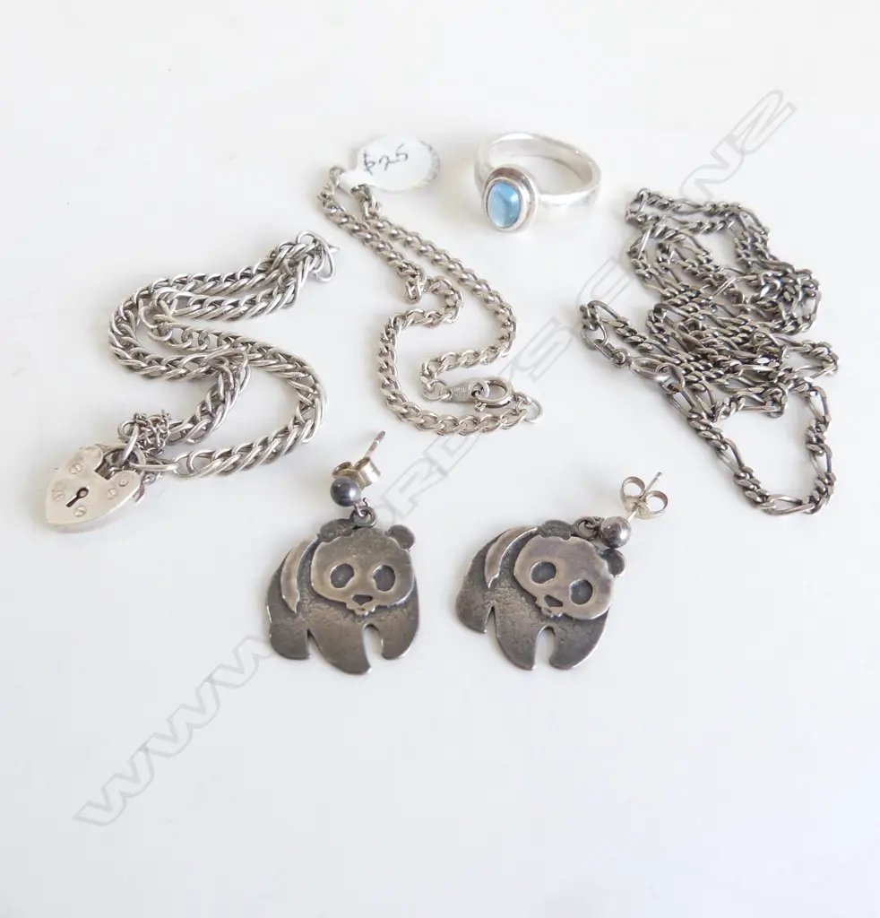 SILVER: CHAIN + 2 BRACELETS + RING + pr PANDA EARRINGS Image 1++