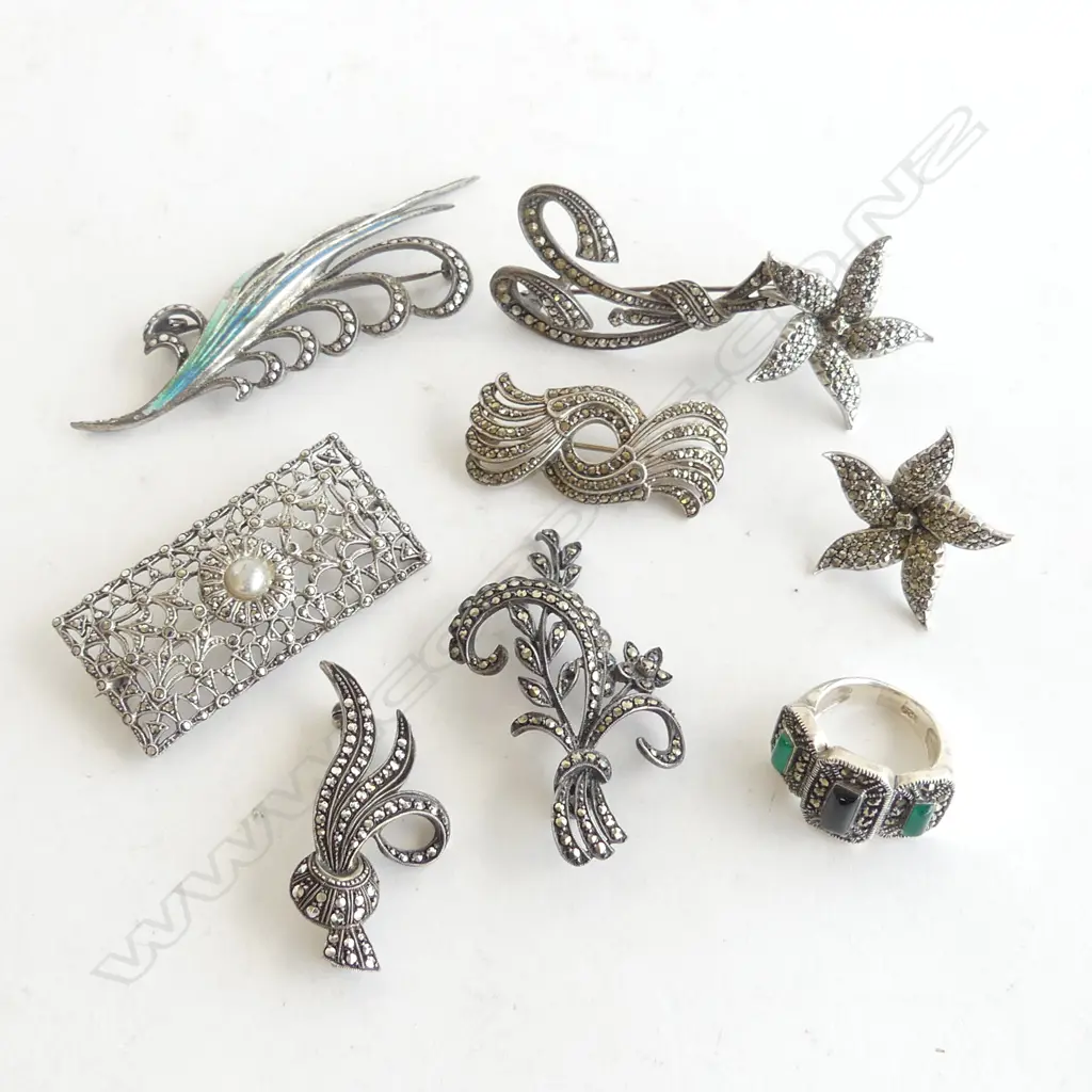 ASST. SILVER & MARCASITE BROOCHES, PR EARRINGS & RING Image 1++