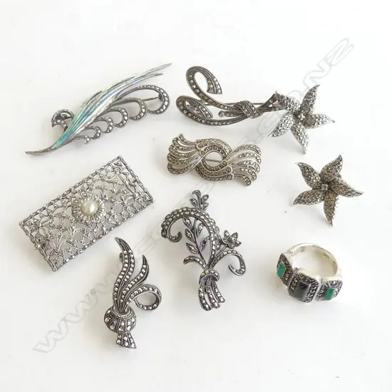 ASST. SILVER & MARCASITE BROOCHES, PR EARRINGS & RING
