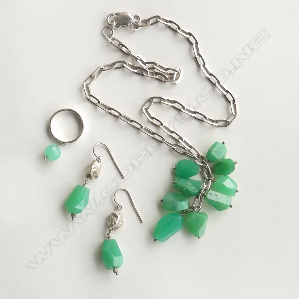 STG & CHRYSOPHASE SET; NECKLACE, RING, PR EARRINGS Image 1++