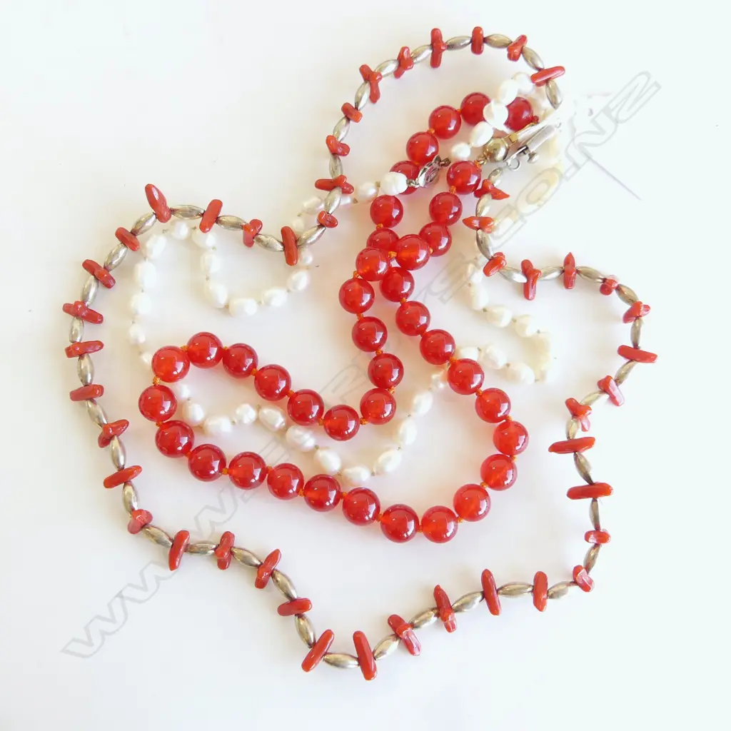 3 NECKLACES; MEXICAN SILVER/CORAL, FRESHWATER PEARLS w SILVER CLASP & RED BEAD KNOTTED NECKLACE w 14ct CLASP Image 1++