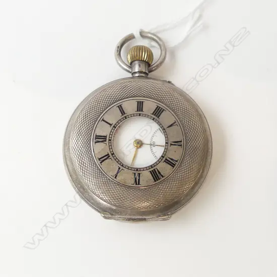 SILVER HALF HUNTER POCKET WATCH blue enamel numbers apparently running
