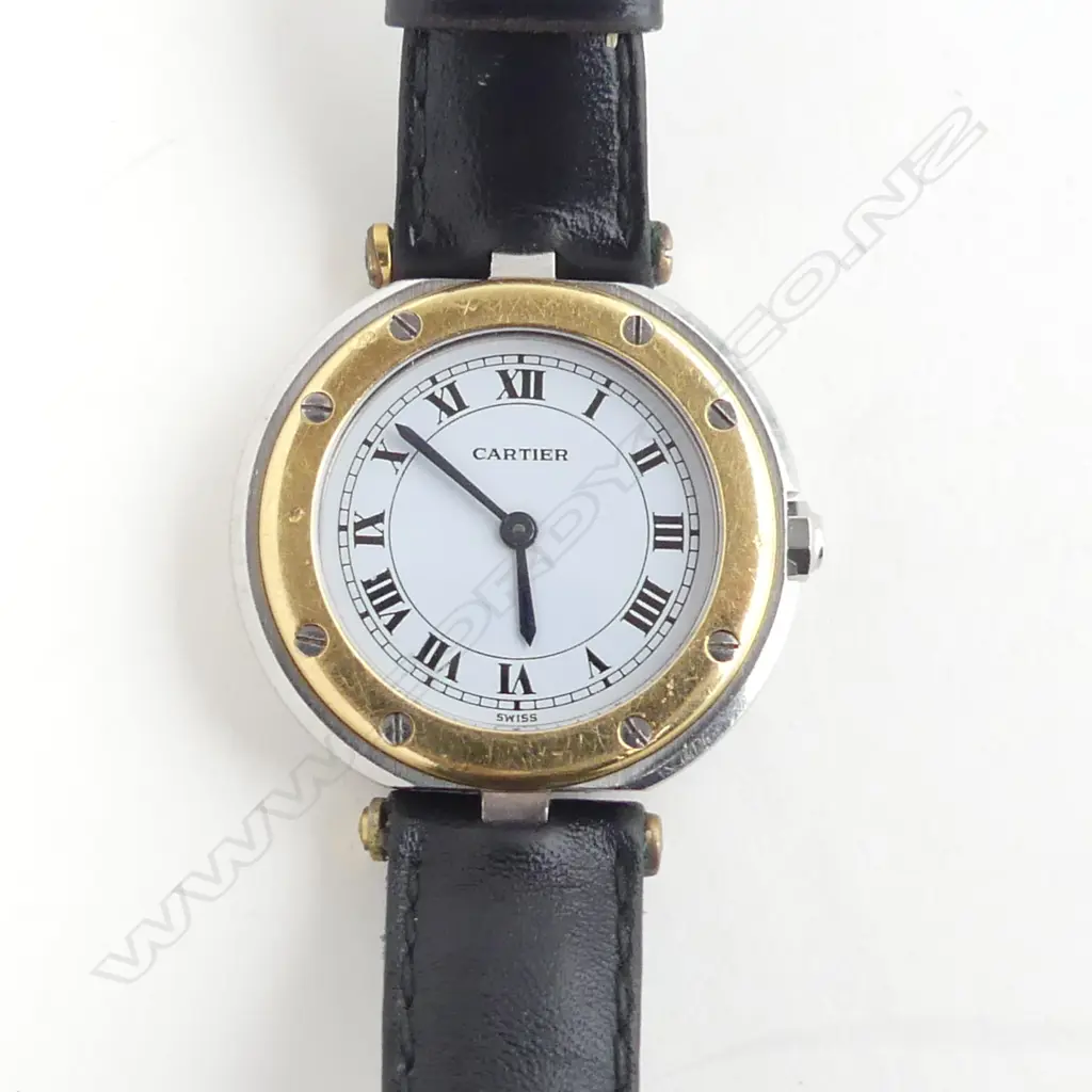 LADIES CARTIER SANTOS WRISTWATCH silver gold & steel. Quartz movement leather strap Image 1++
