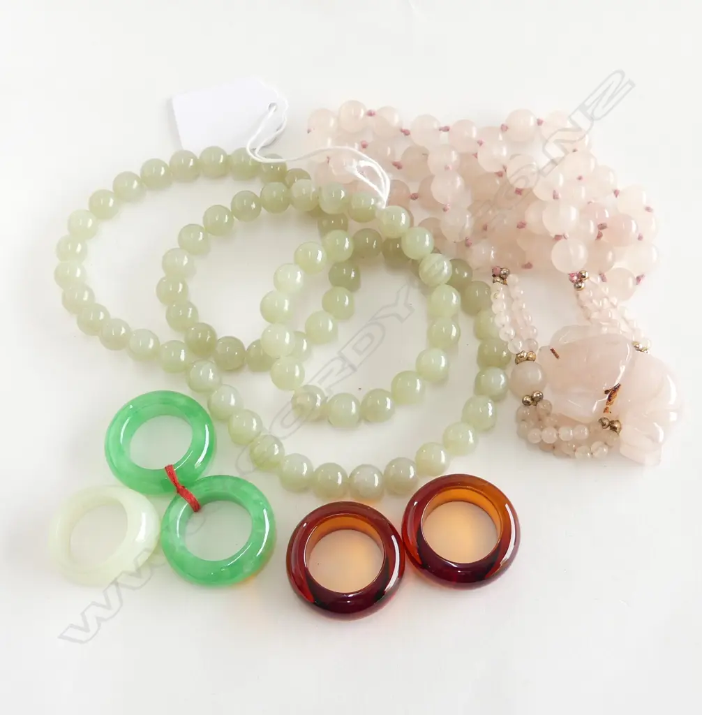 2 BEADED NECKLACES; JADE?, PINK QUARTZ + 5 RINGS Image 1++