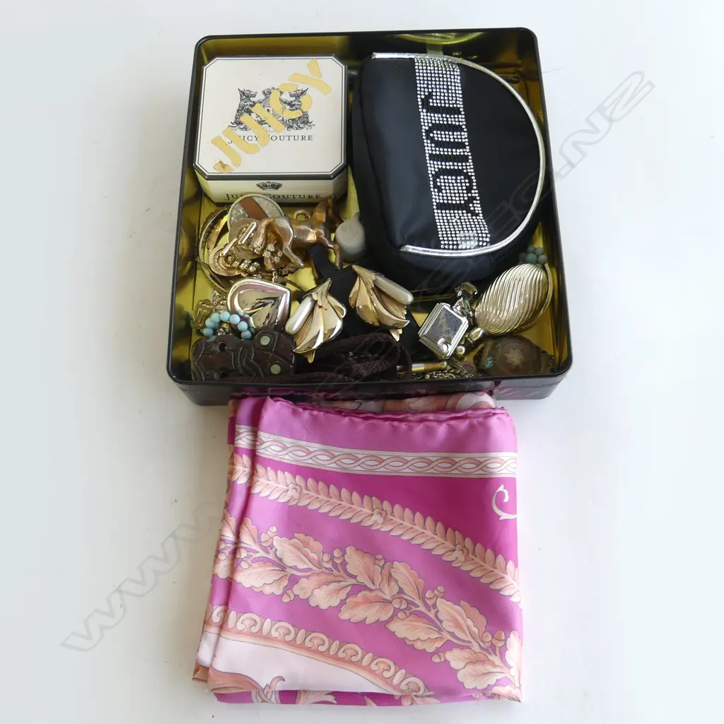 TRAY COSTUME EARRINGS ETC & PINK SILK SCARF, VERSACE LABEL with HAND ROLLED EDGES (2 SM MARKS) Image 1++