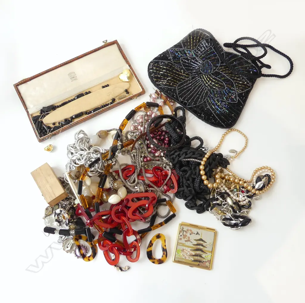 ASST. COSTUME JEWELLERY; NECKLACES, BLACK BEADED PURSE ETC Image 1++