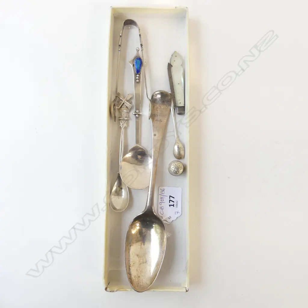 4 SILVER? SPOONS + TONGS, THIMBLE 127gms & MoP POCKET KNIFE Image 1++