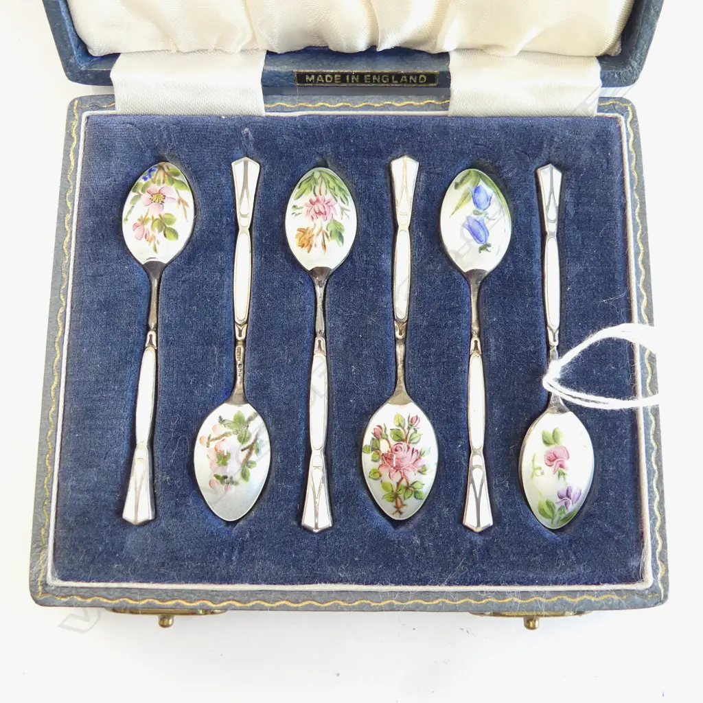 set 6 ENGLISH SILVER & FLORAL ENAMEL COFFEE SPOONS in original fitted box Image 1++