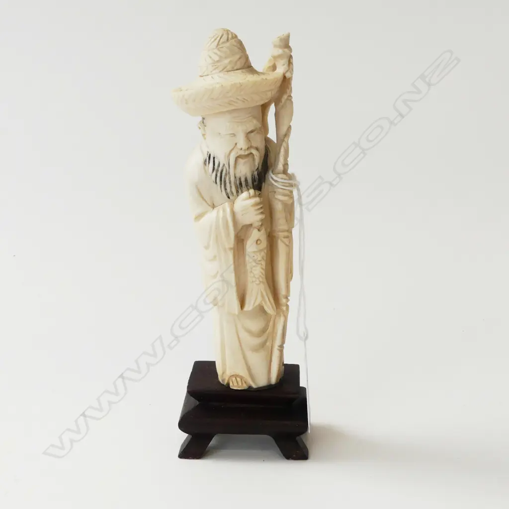 CARVED IVORY ORIENTAL FIGURE w STAFF & CARP, H.160mm ON STAND Image 1++