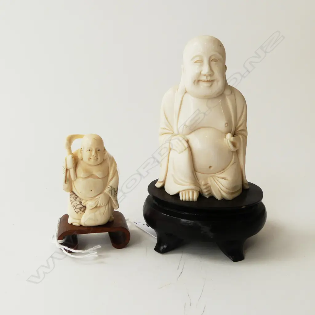 2 CARVED IVORY BUDDAHS ON STANDS, LRG H.120mm ON STAND, SML 50mm Image 1++