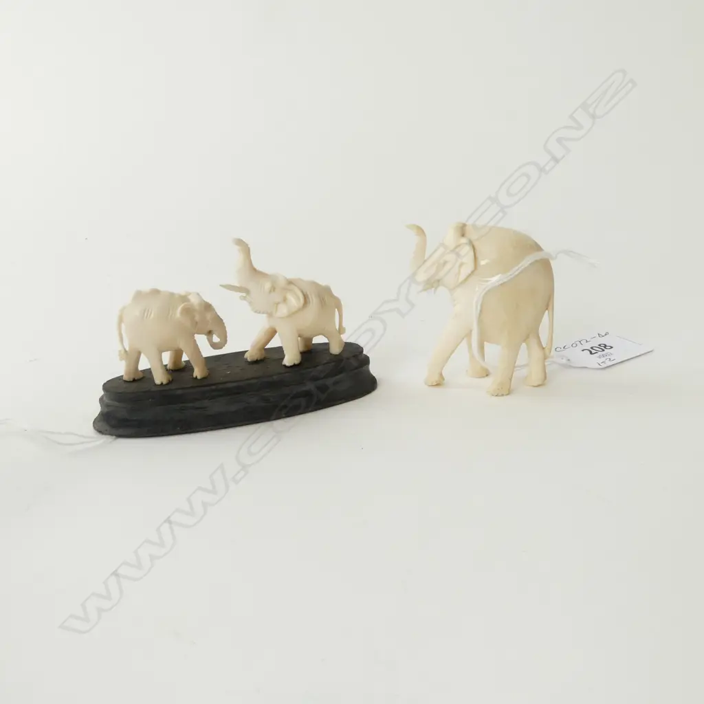 3 PCS CARVED IVORY ELEPHANTS; 2 GROUPS ON STANDS & 1 SINGLE Image 1++