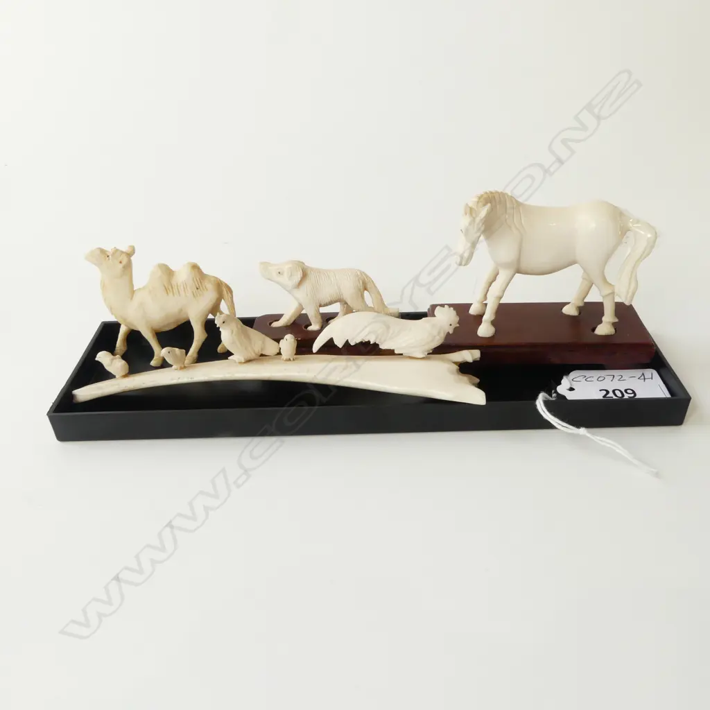 3 PCS CARVED IVORY, CAMEL, DOG ON STAND, HORSE ON STAND (faulted) & CARVED BONE CHICKENS Image 1++