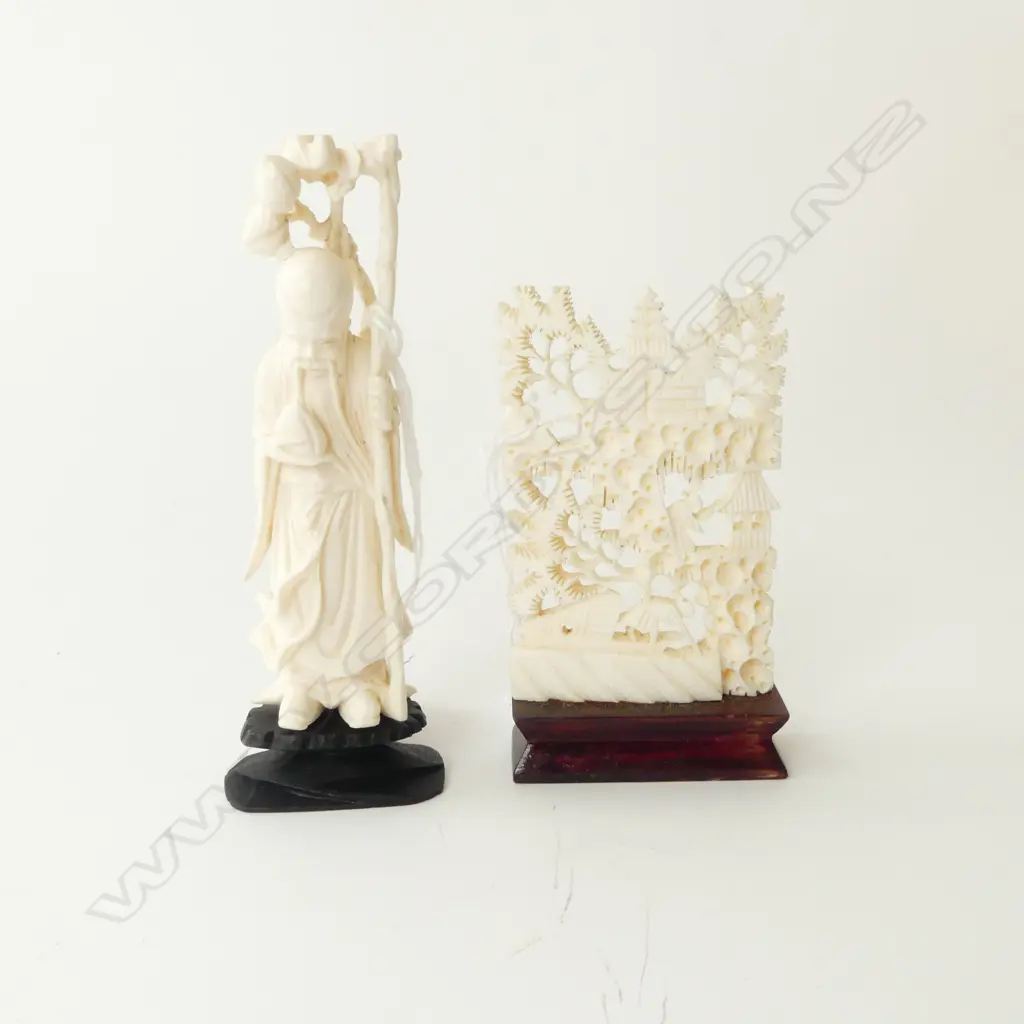 2 PCS CARVED IVORY, VILLAGE SCENE & CHINESE WISE FIGURE Image 1++