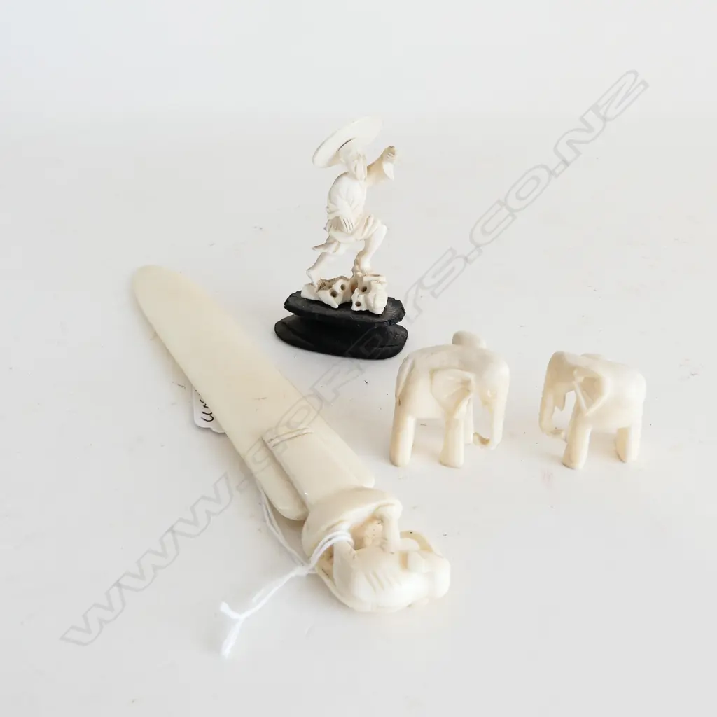 4 IVORY PCS LETTER OPENER L200MM 2 SMALL ELEPHANTS H30MM TALLEST & CHINESE FIGURE H75MM Image 1++