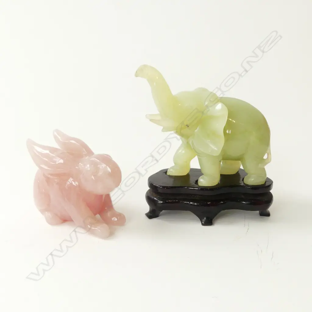 CARVED ROSE QUARTZ RABBIT H.70 x 60 & CHRYSOPRASE ELEPHANT ON STAND H.100 x 80mm (on stand) Image 1++