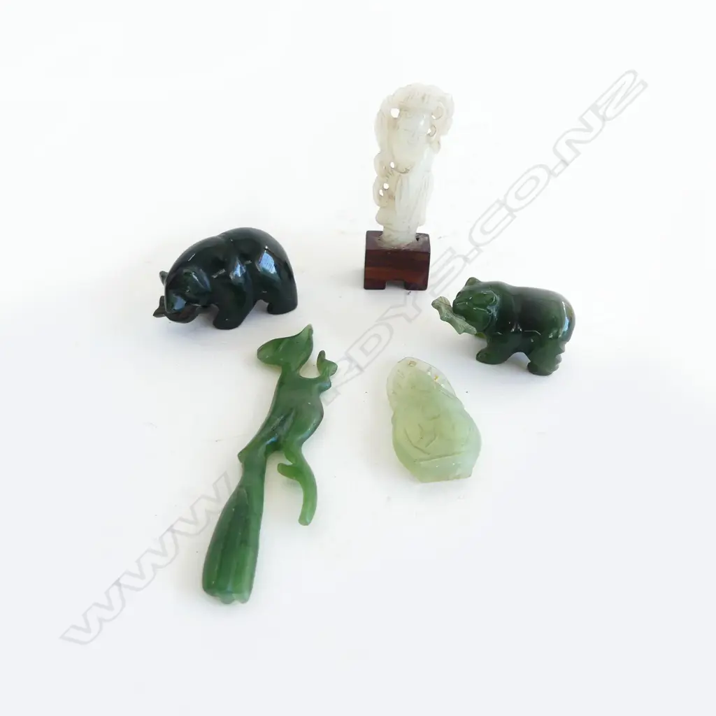 5 MINITURE JADE PCS  2 BEARS L30MM LONGEST ROAD RUNNER BIRD L70MM CHINESE BUDDHA  H40MM & CHINESE FIG ON STAND H50MM Image 1++