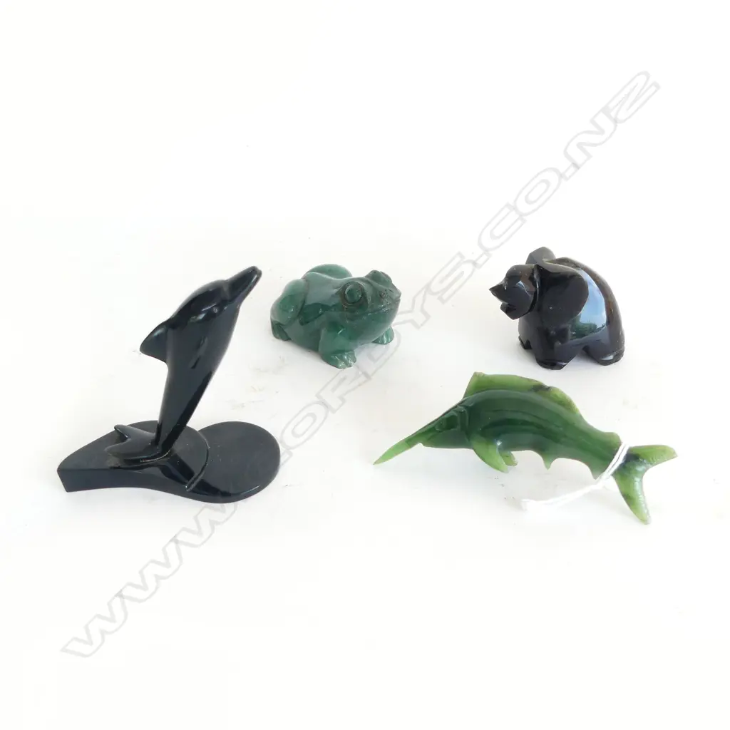 4 CARVED STONE PCS  JADE SWORDFISH L90MM FROG L50MM DOLPHIN & ELEPHANT FAULTS Image 1++
