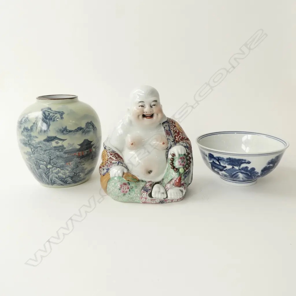 3 CHINESE CERAMICS; VASE, BOWL, BUDAI H.165mm Image 1++