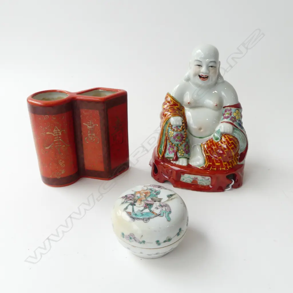 3 PCES CHINESE CERAMICS; BUDAI H.175mm, DOUBLE VASE, LIDDED CONTAINER 80mm dia Image 1++