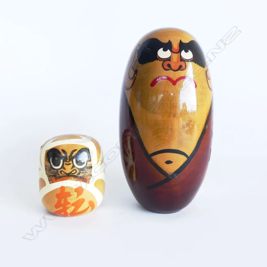 2 JAPANESE DARUMA  GOOD LUCK FIGURES IN WOOD 1960S H150MM TALLEST Image 1++