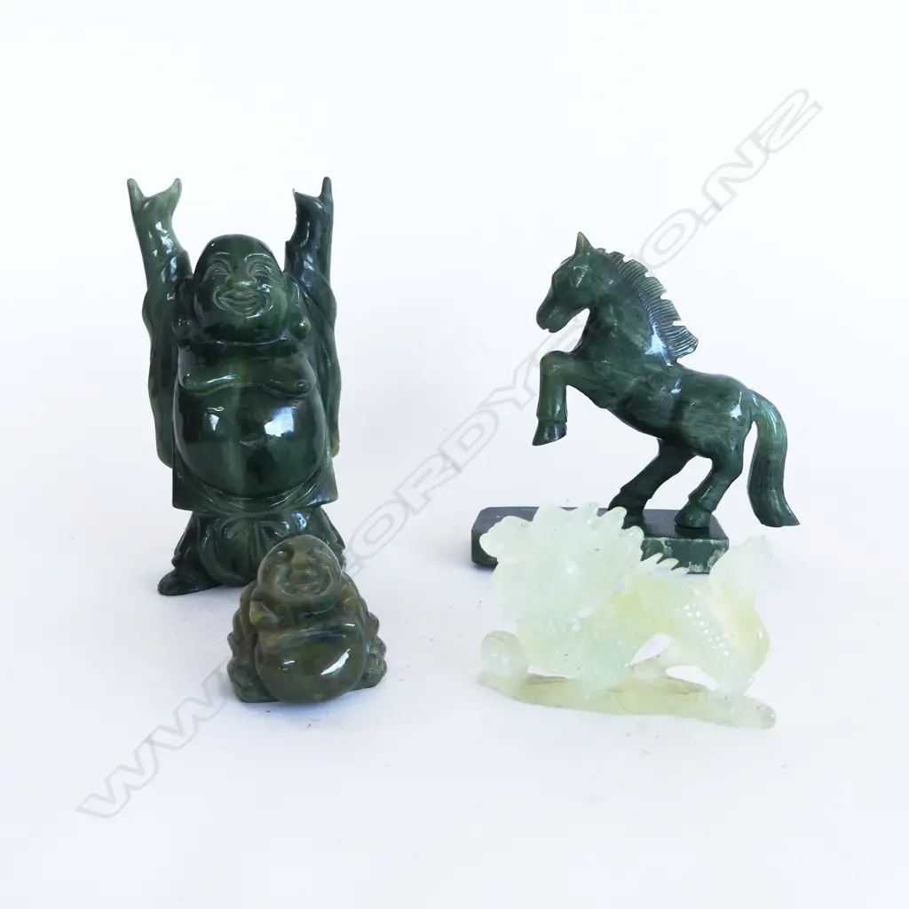 4 PCS CHINESE CARVED JADE 2 BUDDHA, 1 DRAGON L70MM & HORSE OFF STAND Image 1++