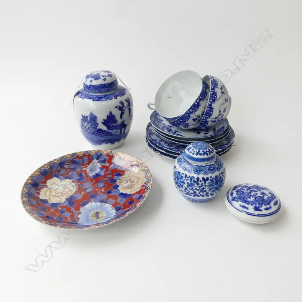 PCS CHINESE BLUE/WHITE PORCELAIN, 2 GINGER JARS, 9PC TEA SET, SML LIDDED TRINKET DISH & PLATE Image 1++