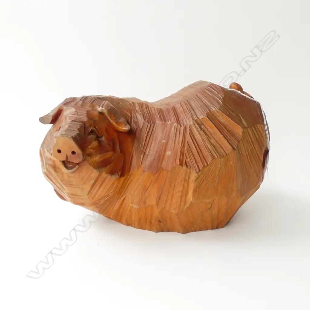 LG VINTAGE JAPANESE CARVED CEDARWOOD PIG, SIGNED ON BASE. L.300mm H.200mm (tips of ears damaged) Image 1++