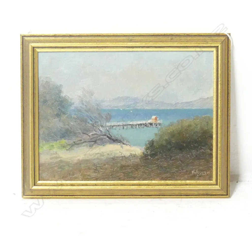 WILLIAM H. OLIVER, (AUST. 1920s), UNTITLED, SEASCAPE w. PIER, OIL ON BOARD 115x210mm SERVICE DISTRESSED Image 1++