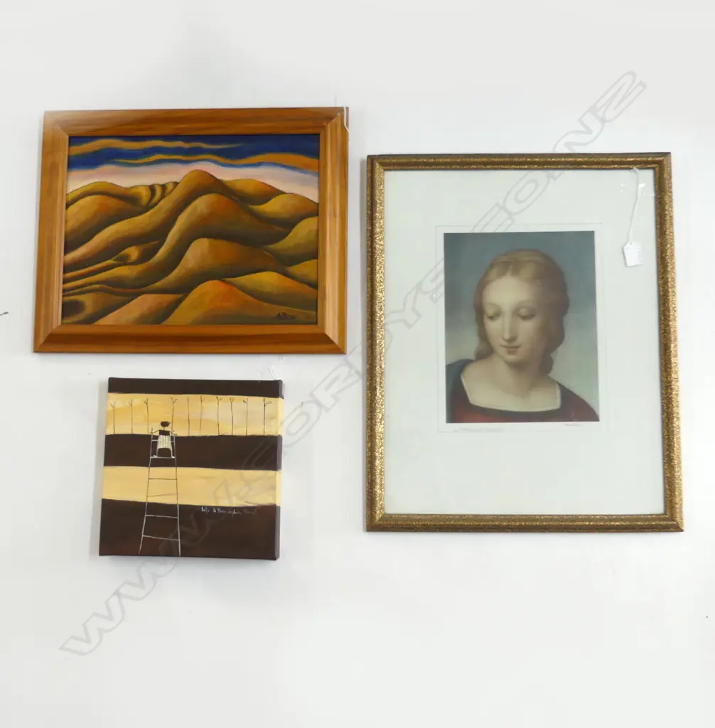 3 ARTWORKS; CRISPIN KORSCHEN 'HELLO...' ACRYLIC 250x250mm, SIGNED HILLS ACRYLIC, MADONNA DEL CARDELLINO PRINT  Image 1++