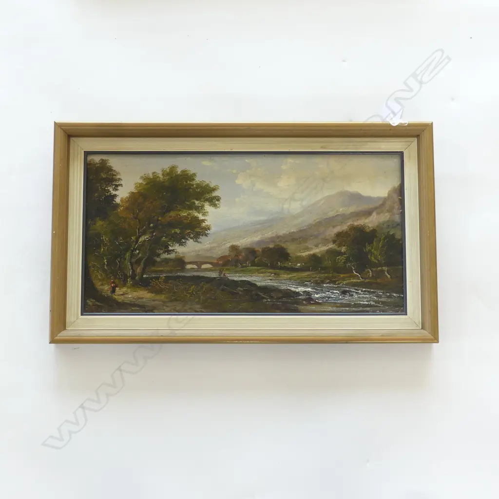 19C OIL ON CANVAS ARTIST UNKNOWN FIGURES BY A BRIDGE 400X210mm AF Image 1++