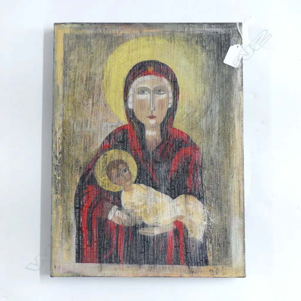 ARTIST UNKNOWN, MADDONA w. CHILD, MIXED MEDIA ON CANVAS, EX. ELAM EXHIBITION 405x305mm Image 1++