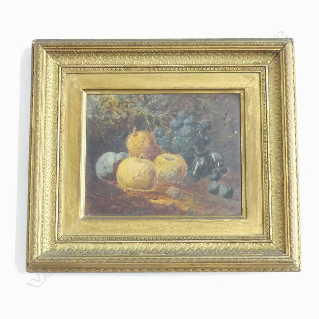 ARTIST UNKNOWN, ANTIQUE STILL LIFE w. FRUIT, OIL ON CANVAS, SURFACE DAMAGE195x245mm Image 1++