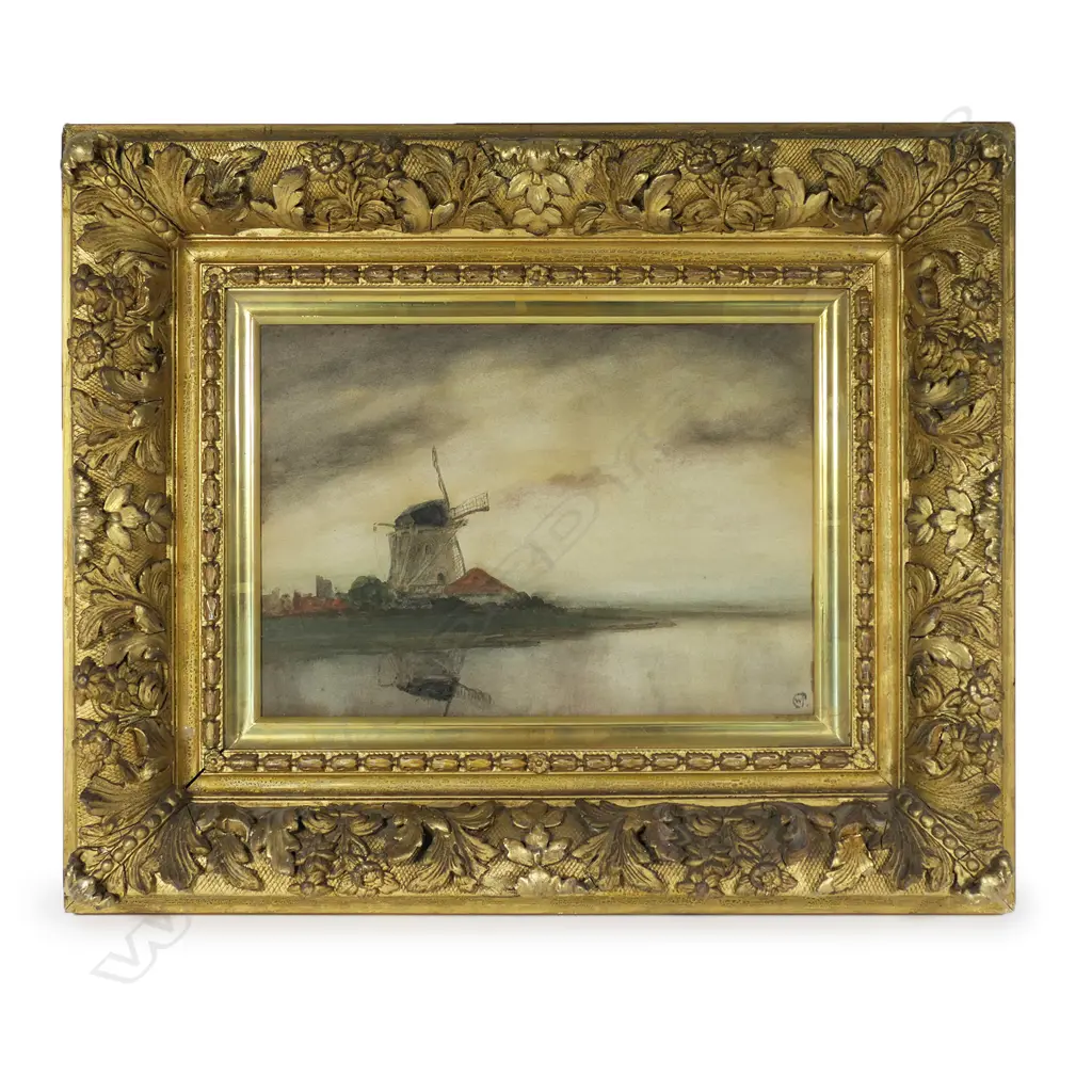 ANTIQUE EUROPEAN LANDSCAPE WITH WINDMILL, SIGNED w CYPHER 'CWP', 240 x 340mm. ORNATE GILT FRAME, PROFESSIONALLY REPAIRED Image 1++