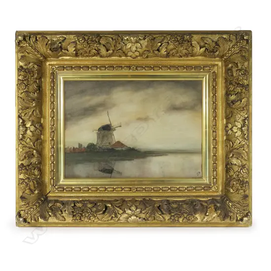 ANTIQUE EUROPEAN LANDSCAPE WITH WINDMILL, SIGNED w CYPHER 'CWP', 240 x 340mm. ORNATE GILT FRAME, PROFESSIONALLY REPAIRED